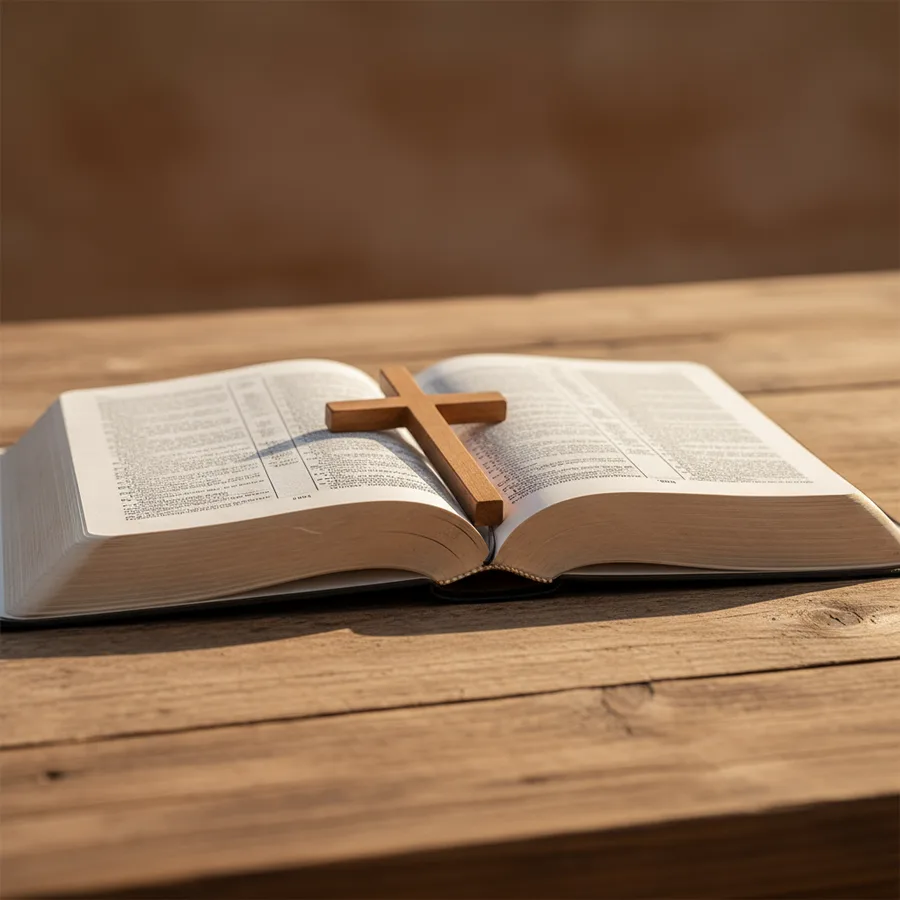 An open Bible with a wooden cross resting on it