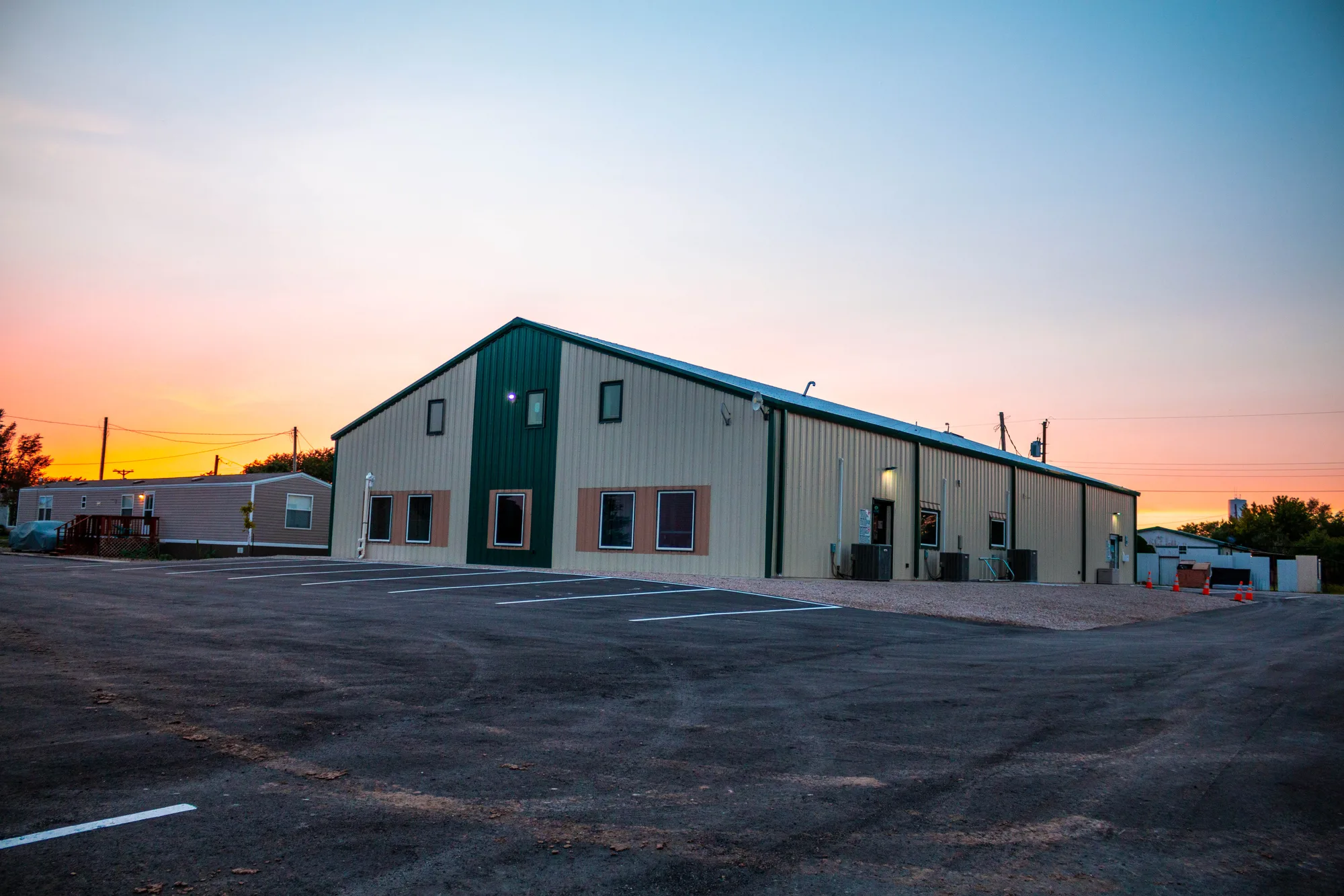 The Cactus Nazarene Ministry Center building at sunset in Cactus, Texas